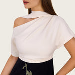 Floral Embroidered Color Block Maxi Dress with Draped Neckline - Noētic