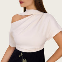 Floral Embroidered Color Block Maxi Dress with Draped Neckline - Noētic