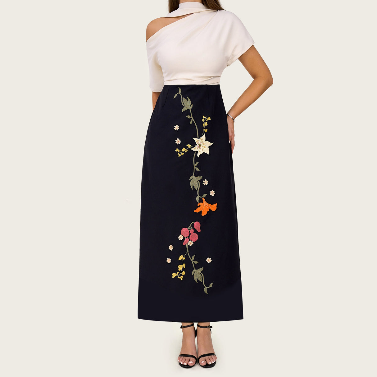 Floral Embroidered Color Block Maxi Dress with Draped Neckline - Noētic