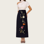 Floral Embroidered Color Block Maxi Dress with Draped Neckline - Noētic