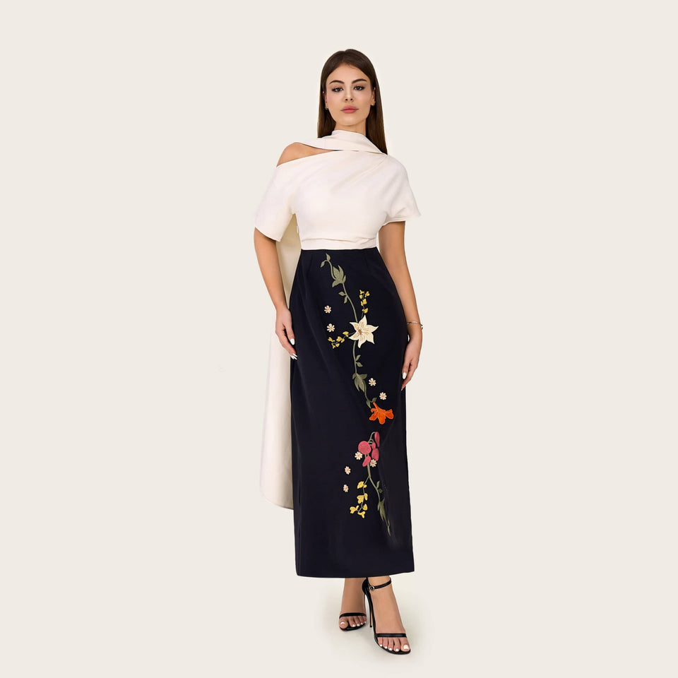 Floral Embroidered Color Block Maxi Dress with Draped Neckline - Noētic
