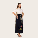 Floral Embroidered Color Block Maxi Dress with Draped Neckline - Noētic