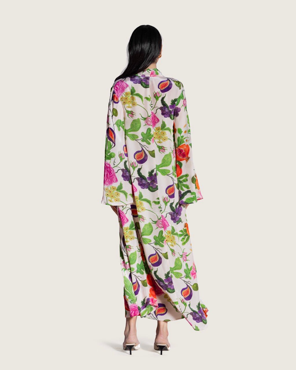Floral Fruity Printed Maxi Kaftan with Tie Neckline - Noētic