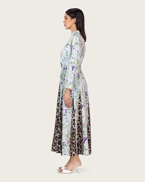 Floral & Leopard Linen Shirt Dress with Braided Beaded Belt - Noētic