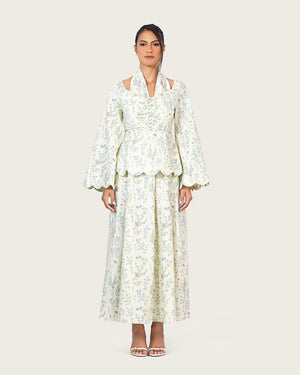 Floral Linen Ankle Length Dress with Scalloped Details - Noētic
