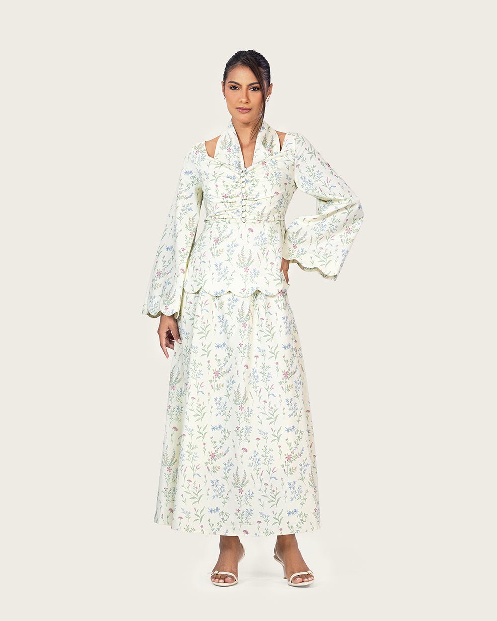 Floral Linen Ankle Length Dress with Scalloped Details - Noētic