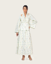 Floral Linen Ankle Length Dress with Scalloped Details - Noētic
