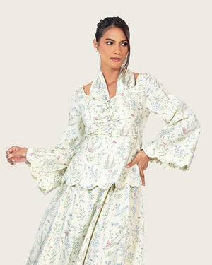 Floral Linen Ankle Length Dress with Scalloped Details - Noētic