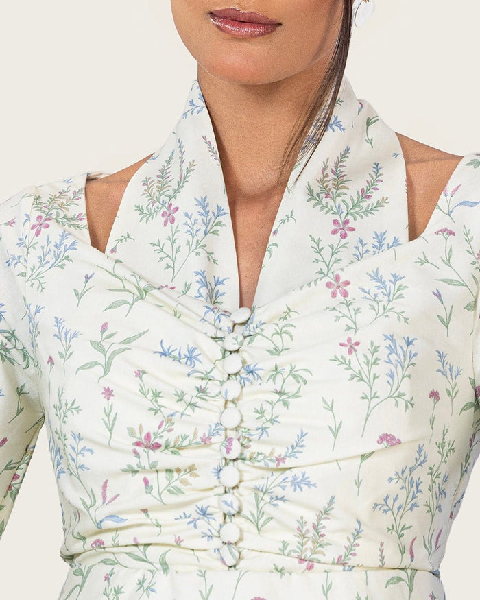 Floral Linen Ankle Length Dress with Scalloped Details