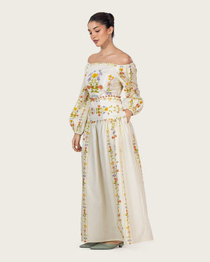 Floral Linen Dress with Hand-Beaded Waist - Noētic