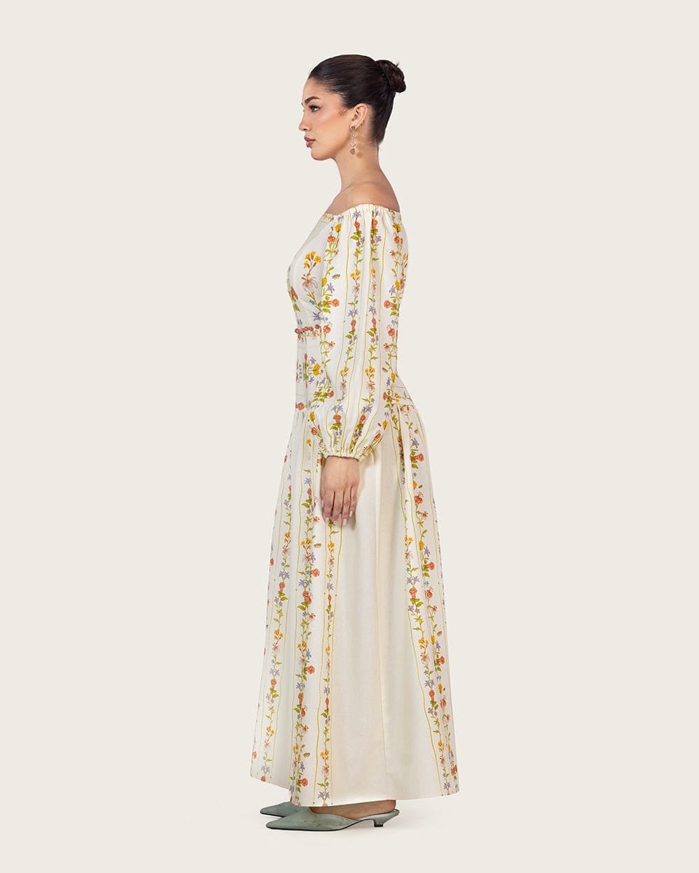 Floral Linen Dress with Hand-Beaded Waist