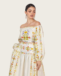 Floral Linen Dress with Hand-Beaded Waist - Noētic