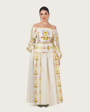 Floral Linen Dress with Hand-Beaded Waist - Noētic