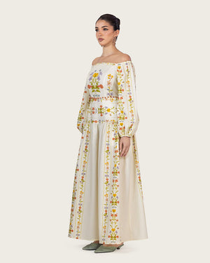 Floral Linen Dress with Hand-Beaded Waist - Noētic