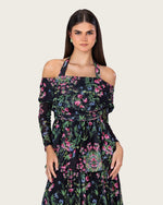 Floral Mesh Off-Shoulder Maxi Dress with Tiered Skirt - Noētic