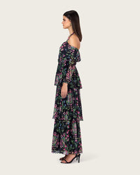 Floral Mesh Off-Shoulder Maxi Dress with Tiered Skirt - Noētic