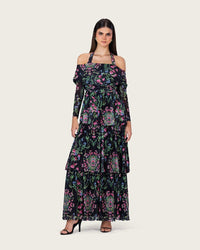 Floral Mesh Off-Shoulder Maxi Dress with Tiered Skirt - Noētic