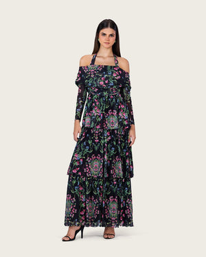 Floral Mesh Off-Shoulder Maxi Dress with Tiered Skirt - Noētic