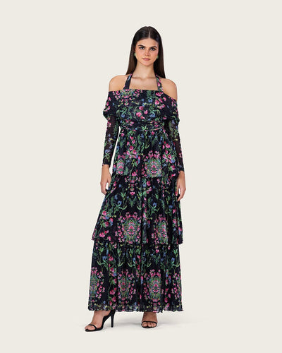 Floral Mesh Off-Shoulder Maxi Dress with Tiered Skirt - Noētic
