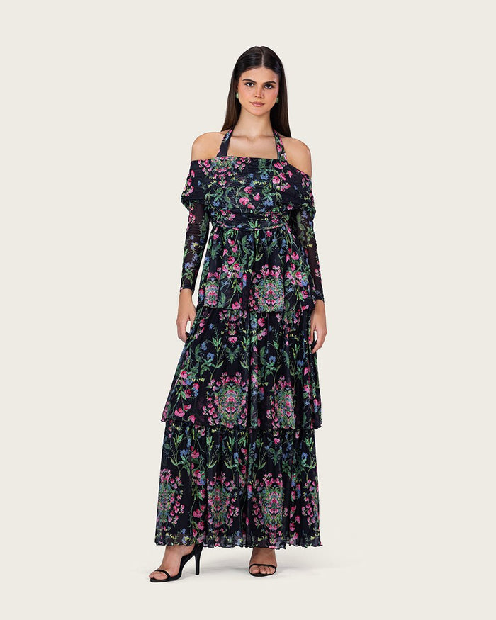 Floral Mesh Off-Shoulder Maxi Dress with Tiered Skirt