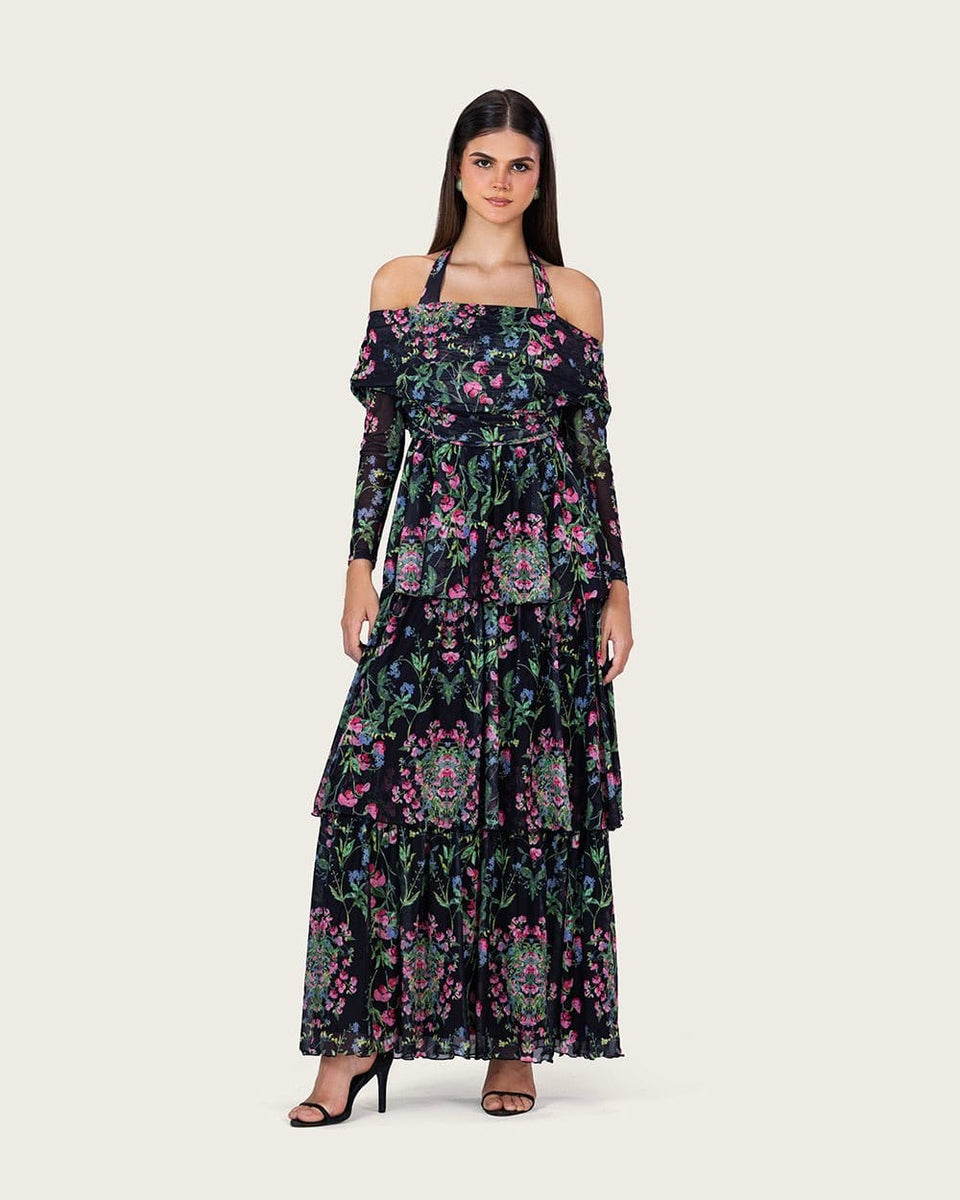 Floral Mesh Off-Shoulder Maxi Dress with Tiered Skirt - Noētic