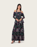Floral Mesh Off-Shoulder Maxi Dress with Tiered Skirt - Noētic