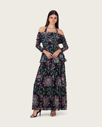 Floral Mesh Off-Shoulder Maxi Dress with Tiered Skirt - Noētic