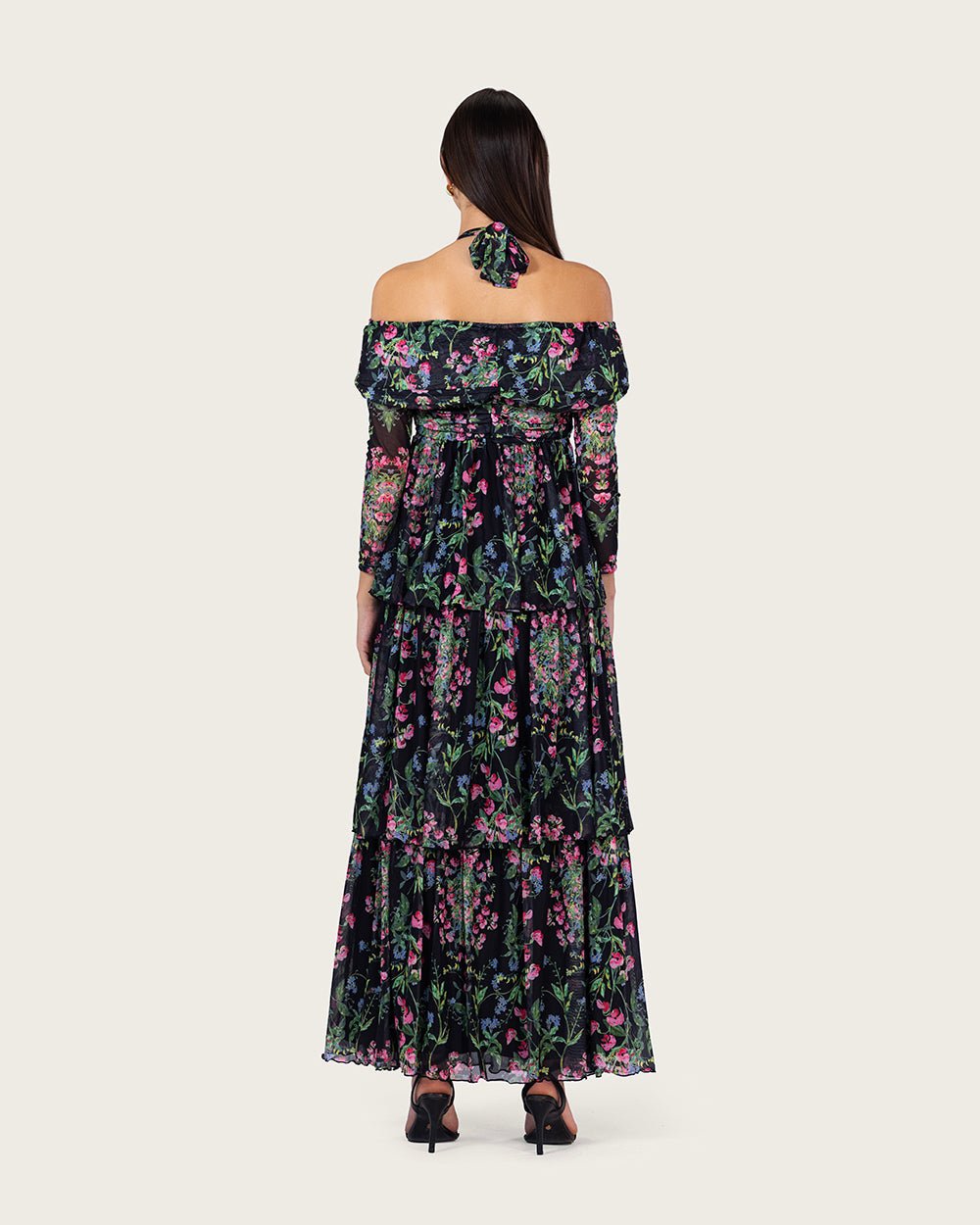 Floral Mesh Off-Shoulder Maxi Dress with Tiered Skirt - Noētic
