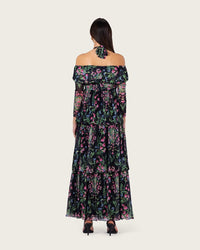 Floral Mesh Off-Shoulder Maxi Dress with Tiered Skirt - Noētic