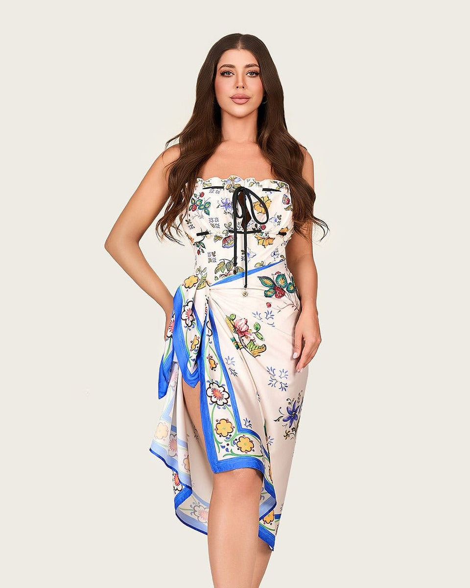 Floral One-Piece Swimsuit with Satin Wrap Skirt Cover-Up – Adjustable Straps - Noētic