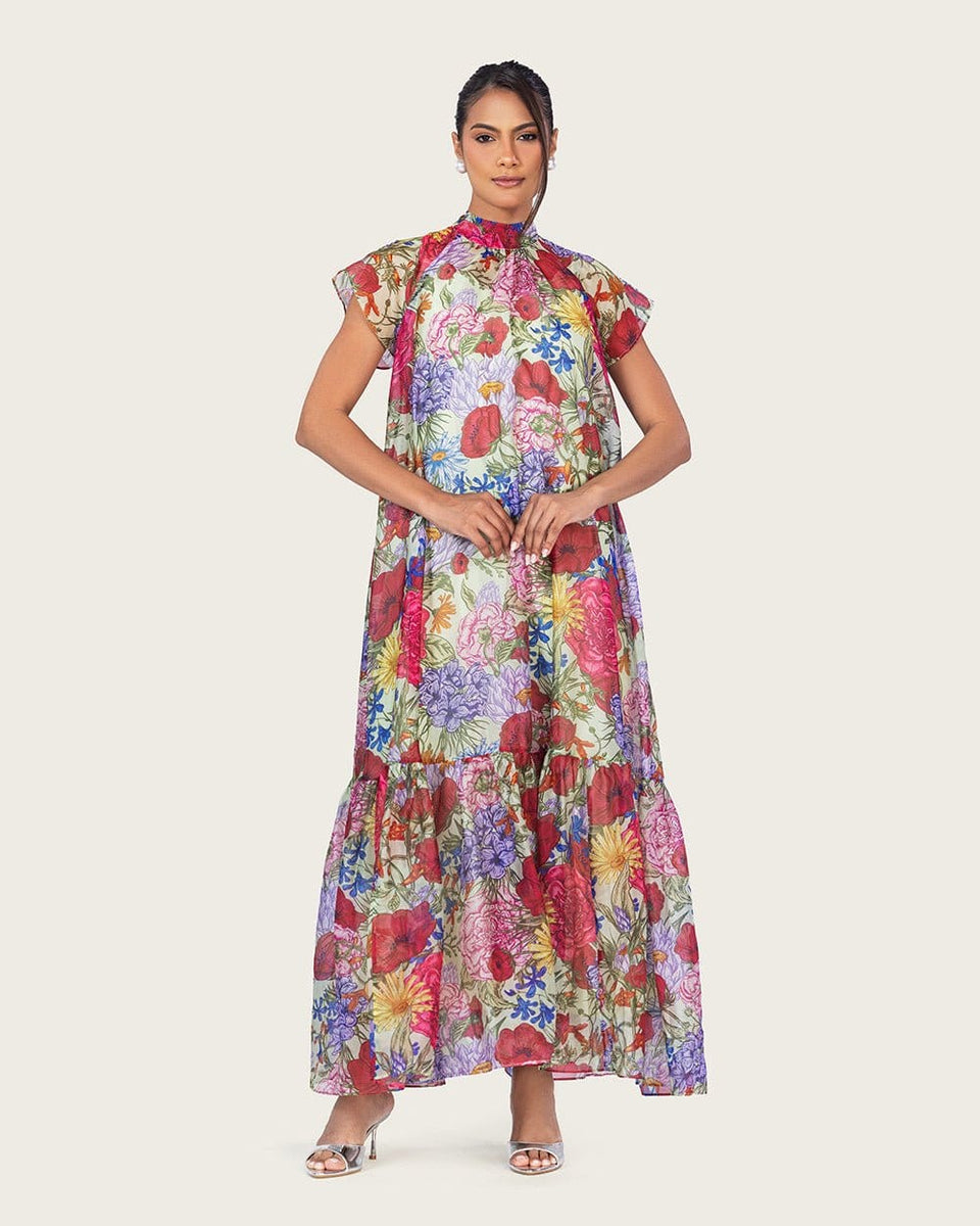 Floral Organza Maxi Dress with High Neck and Back Bow - Noētic
