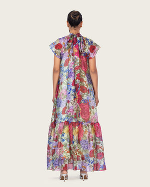 Floral Organza Maxi Dress with High Neck and Back Bow - Noētic