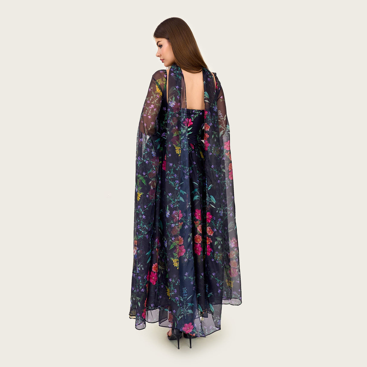 Floral Organza Maxi Dress with Printed Crepe Bodice – Black - Noētic