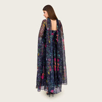 Floral Organza Maxi Dress with Printed Crepe Bodice – Black - Noētic