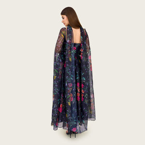 Floral Organza Maxi Dress with Printed Crepe Bodice – Black - Noētic