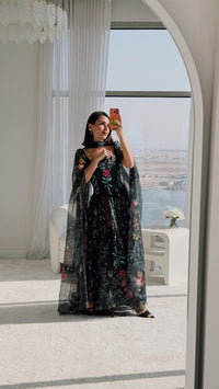 Floral Organza Maxi Dress with Printed Crepe Bodice – Black - Noētic