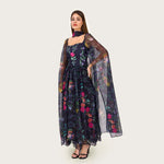 Floral Organza Maxi Dress with Printed Crepe Bodice – Black - Noētic
