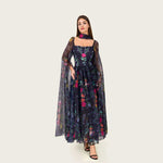 Floral Organza Maxi Dress with Printed Crepe Bodice – Black - Noētic