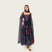 Floral Organza Maxi Dress with Printed Crepe Bodice – Black - Noētic
