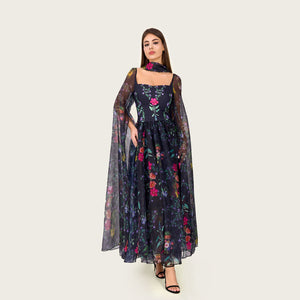 Floral Organza Maxi Dress with Printed Crepe Bodice – Black - Noētic