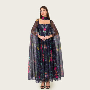 Floral Organza Maxi Dress with Printed Crepe Bodice – Black - Noētic