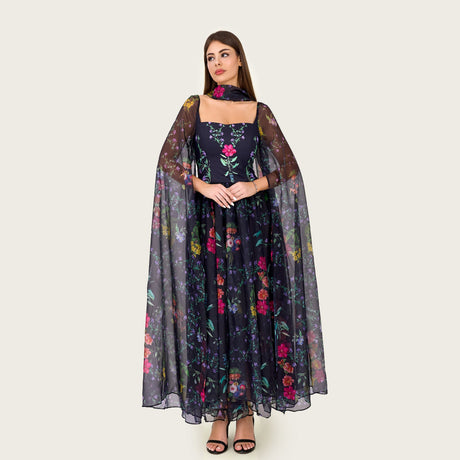Floral Organza Maxi Dress with Printed Crepe Bodice – Black - Noētic