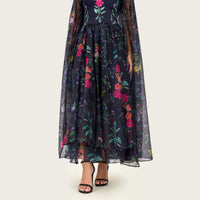Floral Organza Maxi Dress with Printed Crepe Bodice – Black - Noētic
