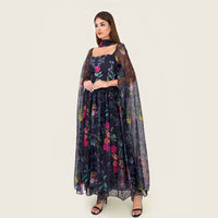 Floral Organza Maxi Dress with Printed Crepe Bodice – Black - Noētic