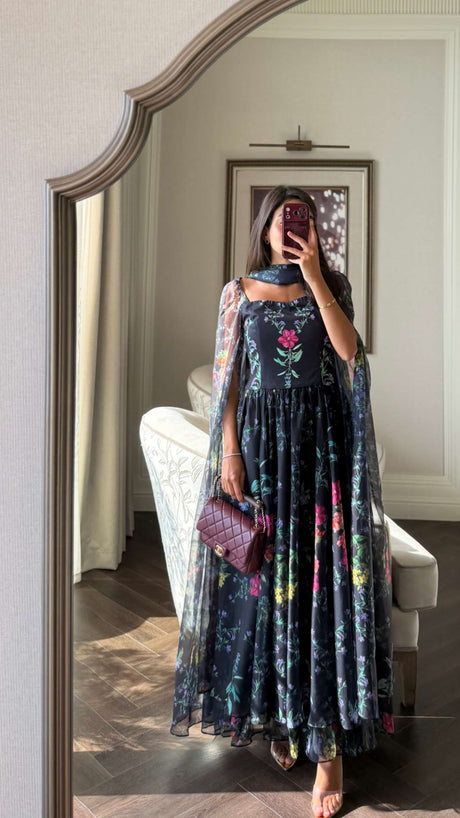 Floral Organza Maxi Dress with Printed Crepe Bodice – Black - Noētic