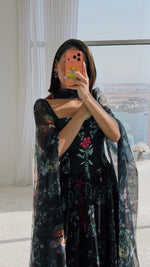 Floral Organza Maxi Dress with Printed Crepe Bodice – Black - Noētic