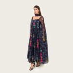 Floral Organza Maxi Dress with Printed Crepe Bodice – Black - Noētic