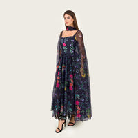 Floral Organza Maxi Dress with Printed Crepe Bodice – Black - Noētic