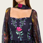 Floral Organza Maxi Dress with Printed Crepe Bodice – Black - Noētic