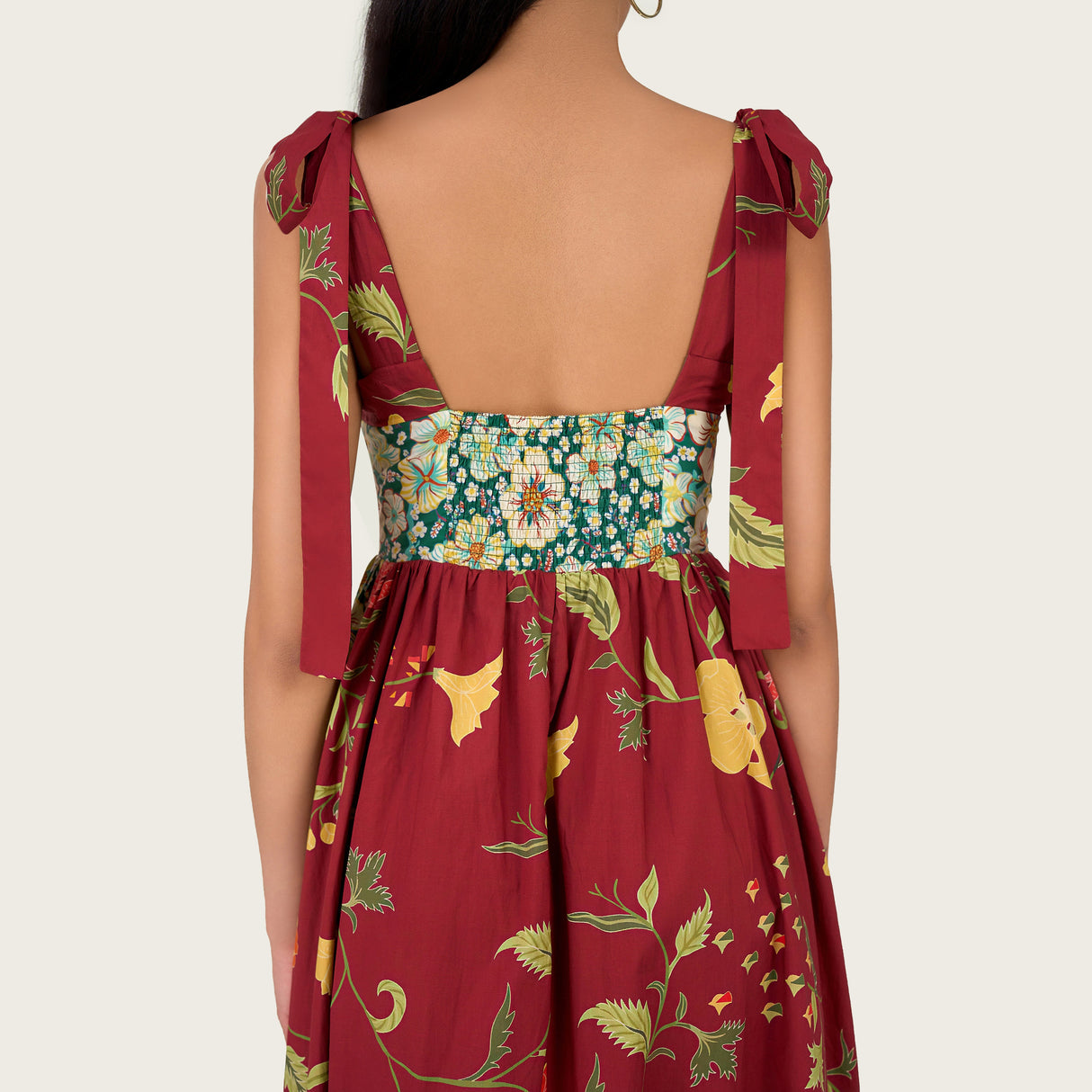 Floral Poplin Midi Dress with Tie Straps, Smocked Back & Pockets - Noētic